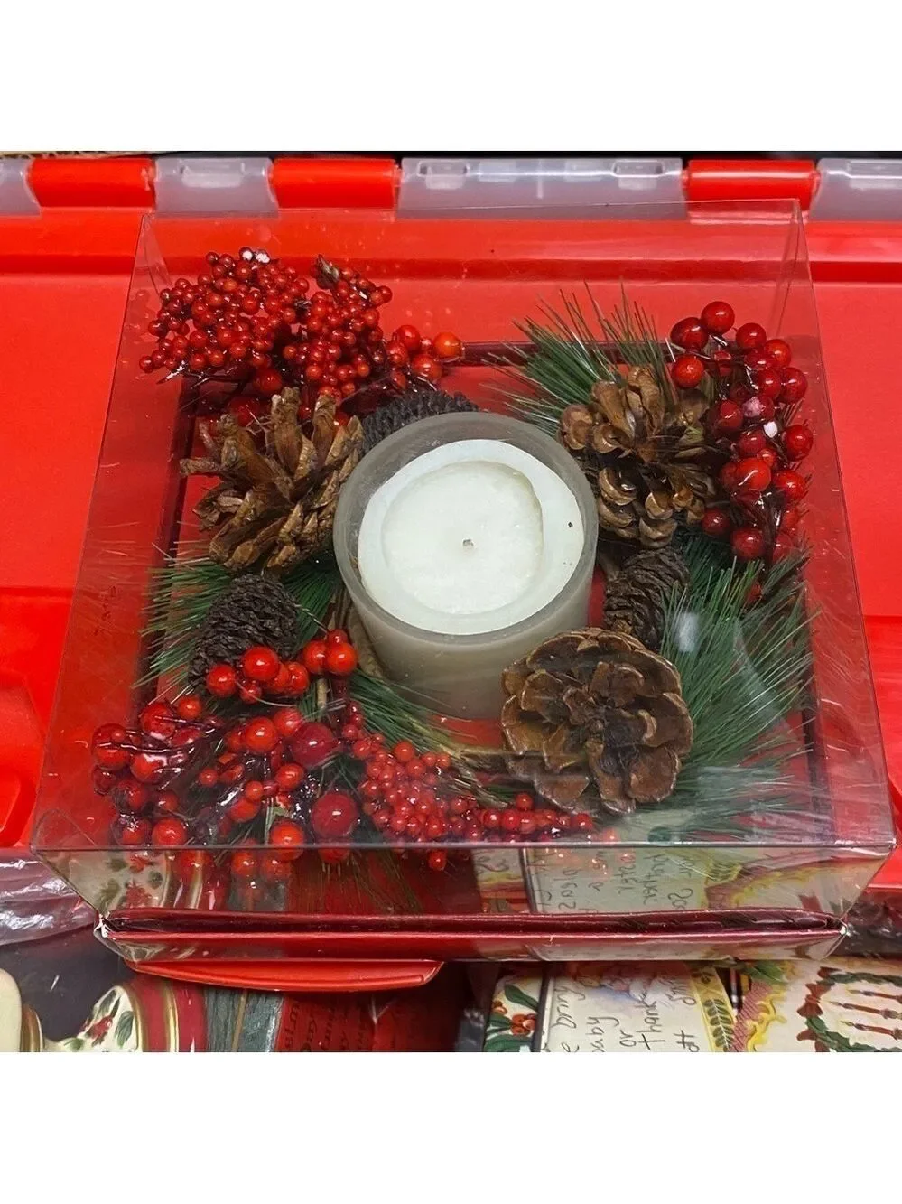 Holiday Centerpiece with votive candle - Greenery, Pinecones, Berries, Ring